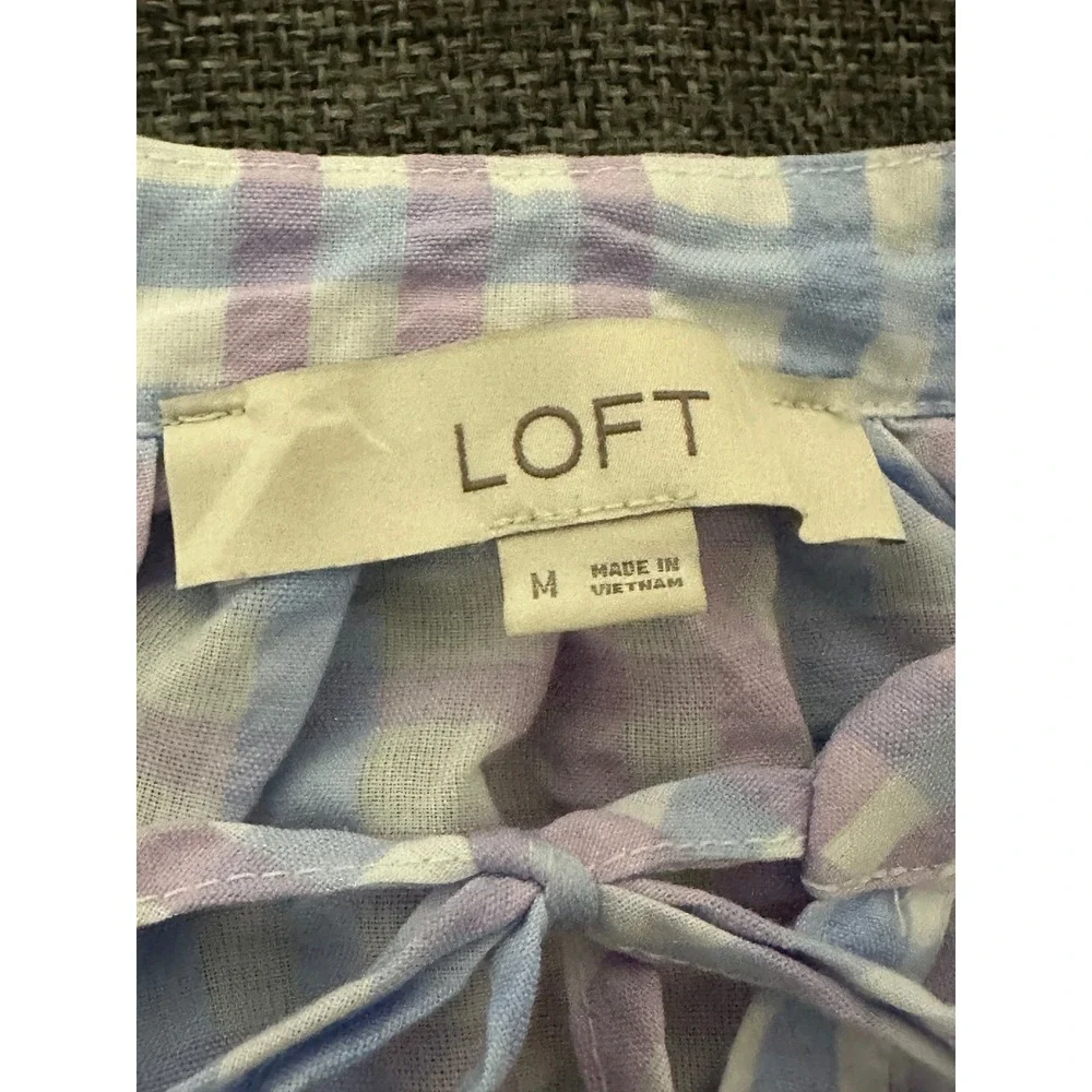 LOFT Women's Medium Blouse Gingham Purple Blue Puff Sleeve Tie Neck